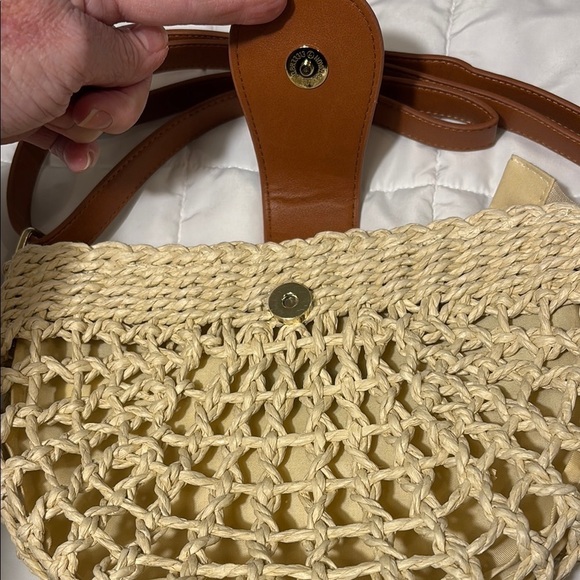 Cream and Brown Crossbody Bag with Woven Straw and Leather Flap - Picture 2 of 7